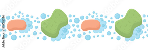 Seamless border with soap bar, bubbles and sponge. Horizontal pattern with bath accessories