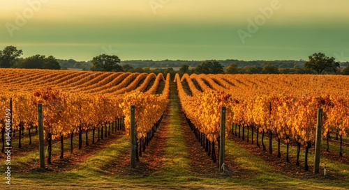 Picturesque autumnal vineyard landscape bathed in the golden sunlight