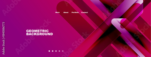 Modern website header design. Pink gradients, geometric shapes create dynamic visual effect. Navigation menu present. Minimalist style.