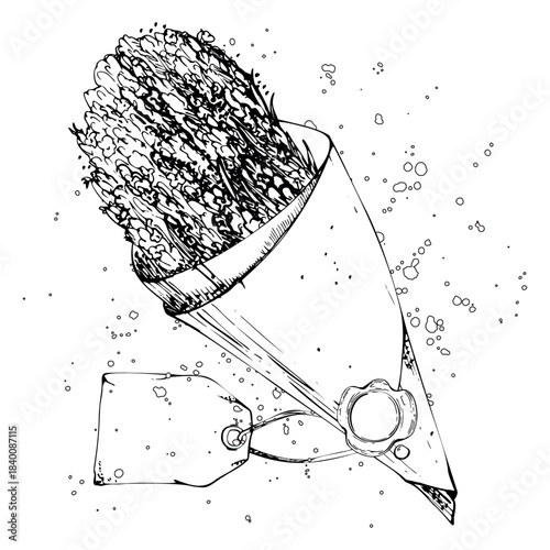 Wax seal and gift tag on rustic cone-shaped kraft paper wrap with lavender stems, paint splash dots. Isolated illustration hand drawn in vector ink. Florist logo, French Provence summer vacation card