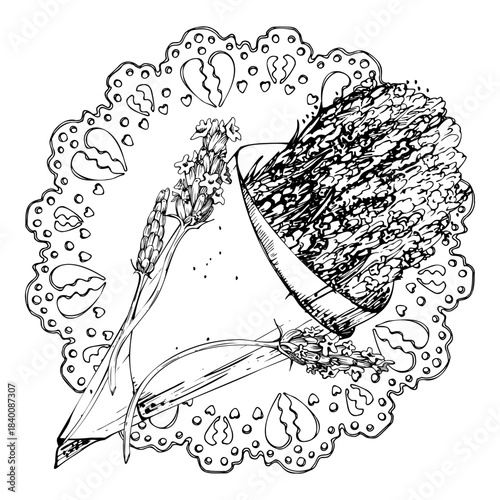 Fresh cut lavender stems on round paper doily with heart-shaped lace, lavandula flower stems in craft paper cone. Isolated illustration hand drawn in vector ink. Aromatherapy, handmade cosmetics label