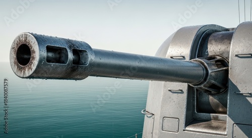 Powerful naval artillery against a serene ocean backdrop, a symbol of defense