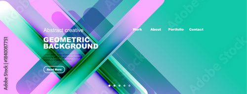 Abstract geometric background features vibrant colors, overlapping shapes, text elements, navigation menu. Modern design for websites, presentations.