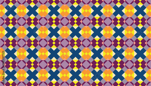 A seamless vector pattern composed of rhythmic geometric elements arranged in a symmetrical grid. The warm and cool color palette creates a striking visual harmony