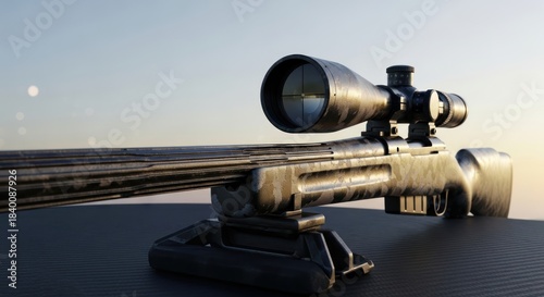 Precision rendered sniper rifle resting on platform against gradient sky