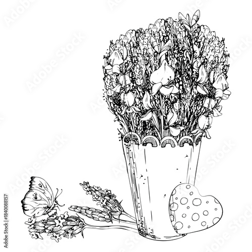 cachepot with lace trim full of lavender and spartium Spanish broom bouquet, dotted heart, yellow butterfly. Isolated illustration hand drawn in vector ink. Herb garden fair branding, eco packaging