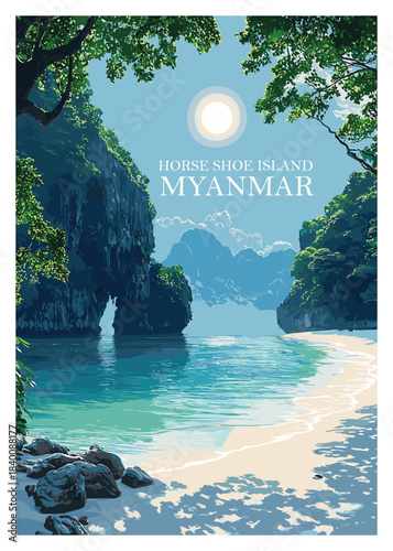 Tranquil vector scene of Horse Shoe Island in Myanmar, conveying a sense of peace, suitable for meditation apps and nature-themed website templates.