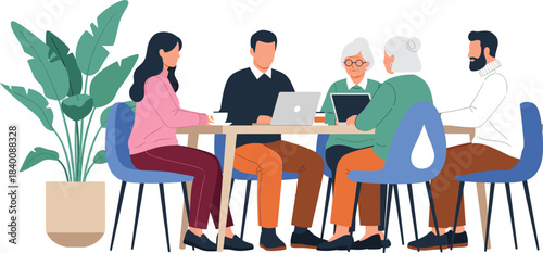 Vector illustration of a diverse team, including older adults, collaborating around a laptop at a table in an office or casual business meeting setting
