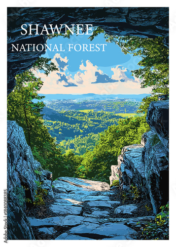 Detailed vector illustration of Shawnee National Forest entrance with lush greenery, perfect for travel posters and nature-themed designs.