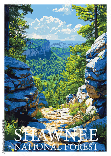 Striking vector design of Shawnee National Forest showcasing natural rock formations, suitable for posters, brochures, and promotional materials.