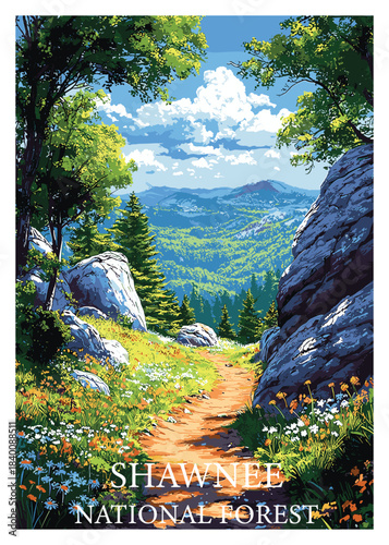 Charming vector design of Shawnee National Forest pathway with wildflowers, excellent for nature-themed educational materials and promotional uses.