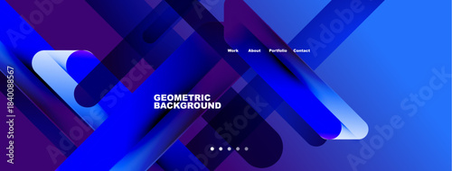 Abstract geometric design. Blue, purple hues create dynamic composition. Text elements present work, about, portfolio, contact options.