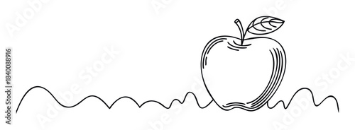 Simple line drawing of a fresh apple with stem and leaf resting on a wavy line representing ground, perfect for healthy eating promotions and educational materials.