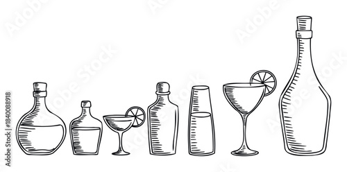 Collection of handdrawn bottles and cocktail glasses with citrus garnish, perfect for beverage advertising and menu graphics