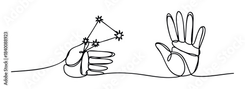 Continuous line drawing of hands forming a constellation shape and gesturing towards another open palm, perfect for astronomy or creativity concepts.