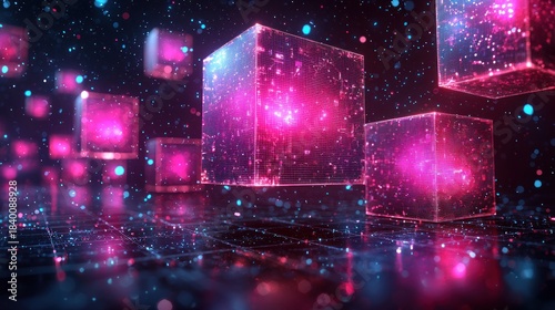 Glowing pink cubes float in a dark space filled with points of light