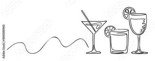 Minimalist line drawing of refreshing drinks including a martini glass with straw, tumbler with citrus slice, and wine goblet for beverage concept.