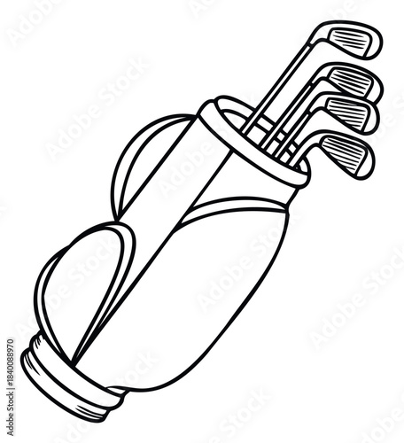 Black and white line art drawing of a golf bag filled with clubs, perfect for sports equipment websites and game promotions
