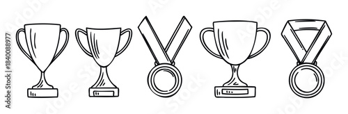 Collection of hand drawn awards including trophies and medals symbolizing victory achievement and recognition suitable for sports or academic success contexts