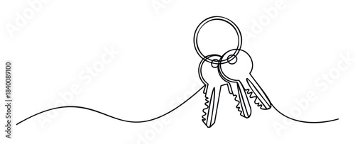 Simple line art sketch of three keys on a ring and a wavy line representing ground, perfect for concepts of security, access, and home ownership, adaptable for digital and print projects