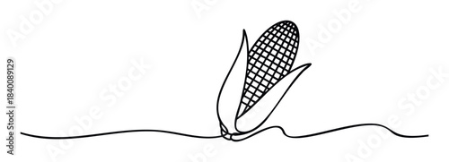 Simple line drawing of a single ear of corn with husks and kernels, symbolizing harvest, food, and agriculture, perfect for use in food packaging and farming related media.
