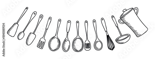 Collection of handdrawn kitchen utensils including spatulas, spoons, whisk, ladle and pot for cooking and baking preparations, perfect for food blogs and recipe sites.