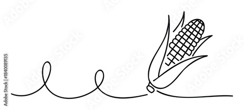 Minimalist line art of a fresh ear of corn with a whimsical swirling tail, perfect for food branding, autumn themes, and agricultural concepts, symbolizing growth and harvest.