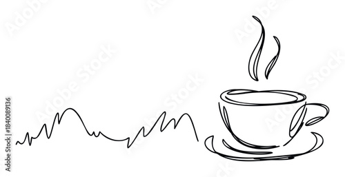 Black ink drawing of a steaming coffee cup on a saucer beside a wavy line representing a graph, perfect for representing morning routines or financial charts in presentations and marketing