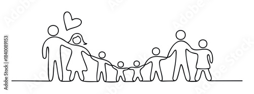 Minimalist line art depiction of a loving family with children holding hands, symbolizing unity and care, perfect for family services and parenting themes.