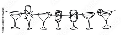 Whimsical outline of various cocktail glasses strung together on a wire, perfect for party invitations, festive celebrations, or event promotions.