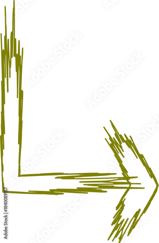 A roughly sketched olive green arrow pointing right with a vertical upward extension on a white background.