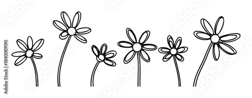 A whimsical collection of simple line drawing flowers with rounded petals and stems, perfect for adding a touch of nature to spring and summer themed projects and celebrations.