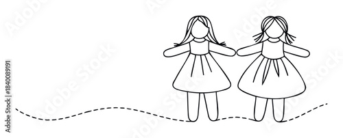 Two outline dolls standing with arms out, suggesting friendship or connection, perfect for childrens content, storytelling, or friendship themes presented on a dashed line path.