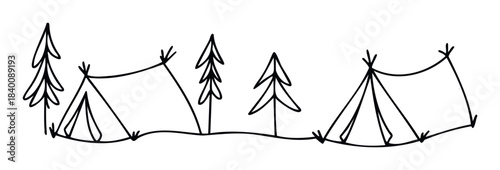 Whimsical black line drawing of a forest scene with tents and pine trees, perfect for camping graphics and outdoor adventure themes.