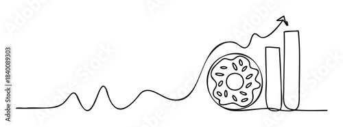 Line art infographic showing a growing trend with a donut integrated into a chart and an upward arrow symbolizing success and profit increase for business growth and financial concepts.