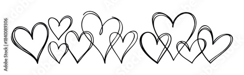 Hand drawn sketch of multiple overlapping hearts in black ink, perfect for romantic themes, Valentines Day celebrations, and love related concepts.