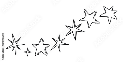 Hand drawn stars in a curved line for celestial or celebratory decoration applications and festive graphic needs