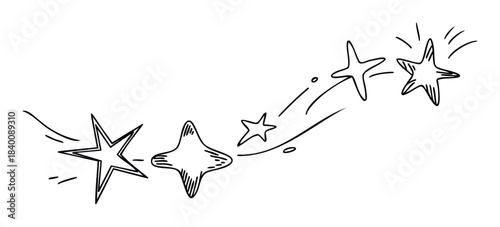 Whimsical handdrawn stars in a whimsical streak across the sky, perfect for celebratory designs, party invitations, and magical storytelling graphics.
