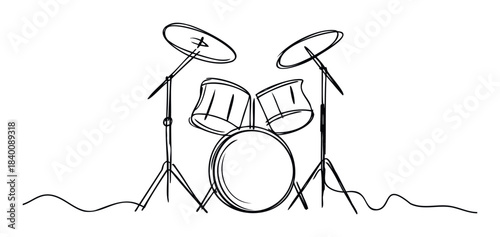 Line drawing of a drum set with cymbals and stands, perfect for musicrelated projects and graphic design applications.