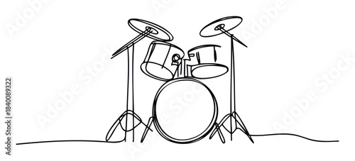 Simple one line drawing of a drum kit with cymbals and kick drum for music performance or studio concepts.