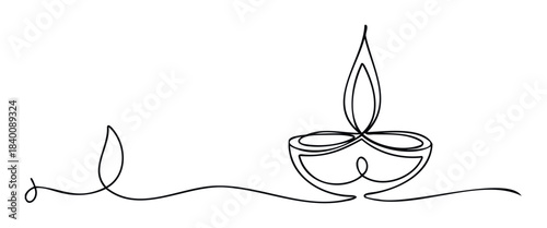 Continuous line drawing of a traditional oil lamp with a flame, symbolizing light and celebration, suitable for festive greetings and cultural themes