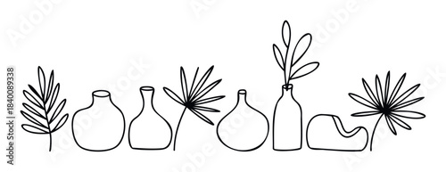 Minimalist line drawings of ceramic vases and tropical leaves arranged in a decorative composition for organic home decor and branding applications