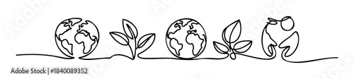 Continuous line drawing symbolizing global ecology and environmental protection with earth and plant motifs for sustainability campaigns and nature awareness.