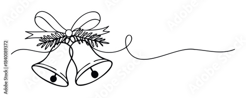 Festive hand drawn line art of two Christmas bells with a ribbon and pine branches, perfect for holiday greetings and seasonal decor projects.