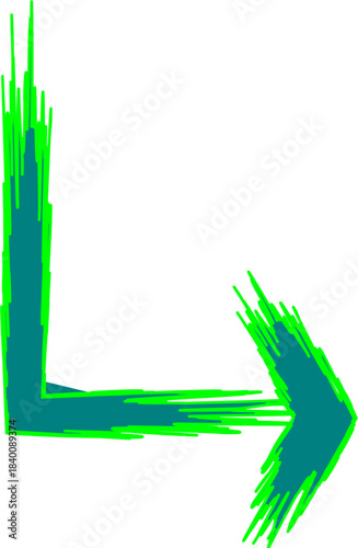Abstract L-shaped arrow graphic with a vibrant green fuzzy outline pointing down and to the right on a white background.