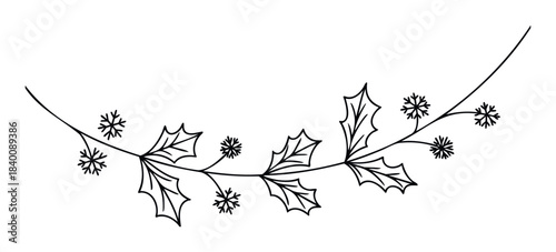 Whimsical Hand Drawn Holly Sprig with Snowflakes Border for Festive Holiday Winter Season Greeting Cards and Decorations