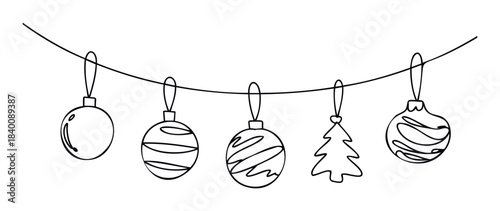 Simple line drawings of Christmas ornaments and a festive tree hanging from a string for holiday decoration and festive celebration graphics.