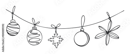 Festive collection of handdrawn holiday ornaments and snowflakes suspended on a string, perfect for Christmas and winter season celebration media and decor.