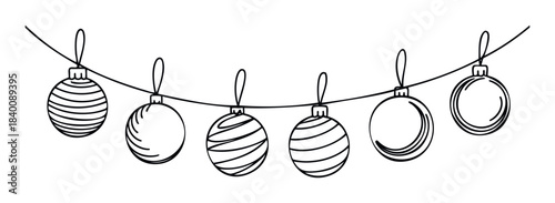 Black and white outline of festive Christmas ornaments hanging on a string, perfect for holiday decoration use and seasonal greetings.