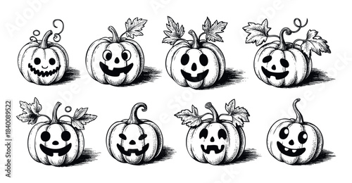 Collection of eight spooky and cheerful jack o lantern pumpkins with carved faces and vine details for Halloween seasonal decoration and celebration projects
